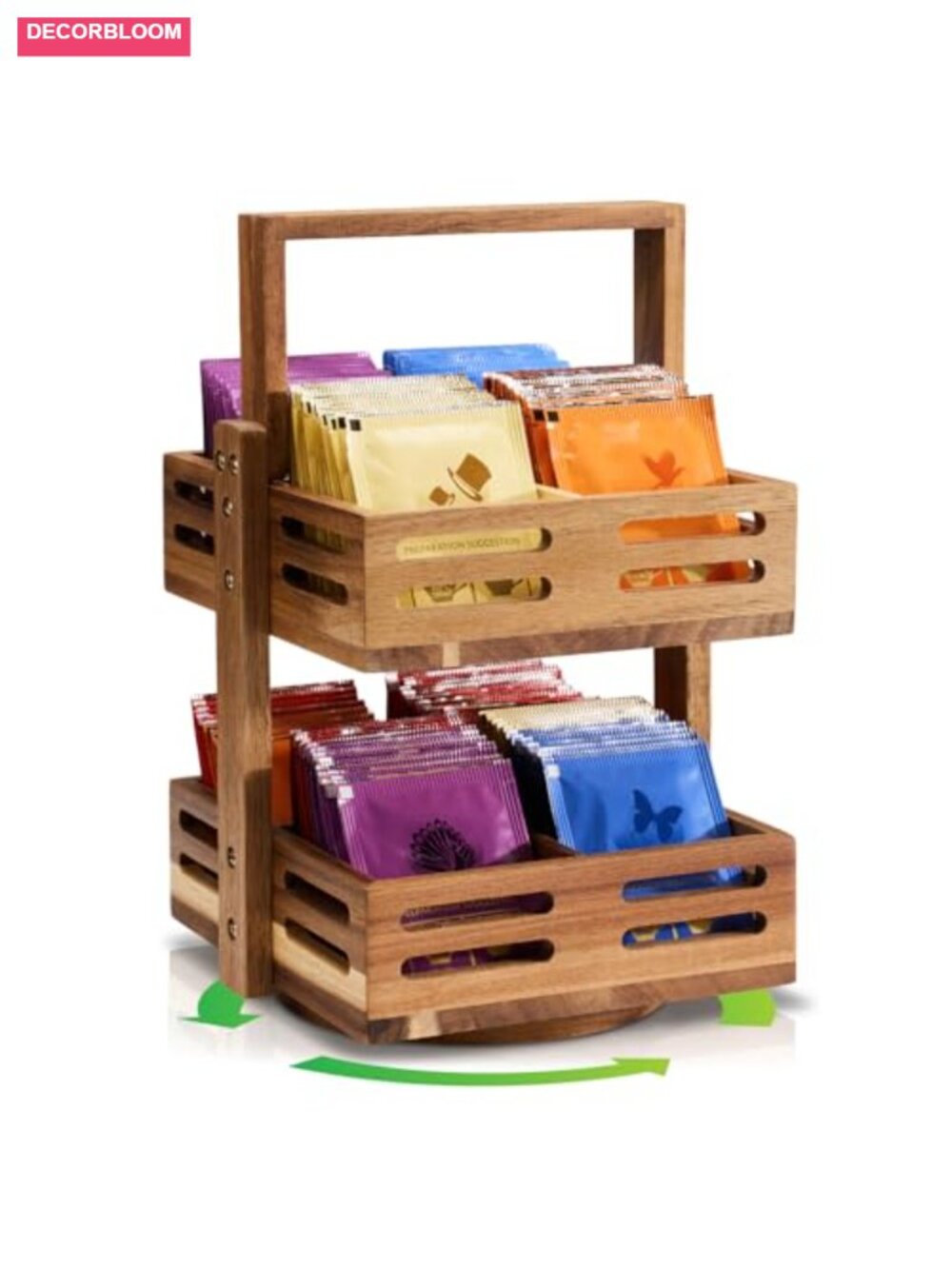 Acacia Wood Tea Bag Organizer 360 Rotating 2-Tier 8 Compartment Holder Holds